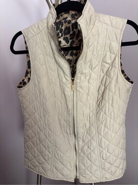 Women's Reversible Cream Quilted Zip-Front Vest with Leopard